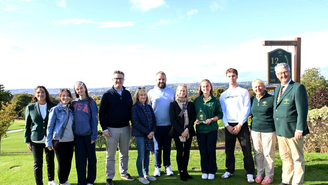 <p>Claudia O'Donoghue of Douglas Golf Club with (from left) Dara Norton, Lady Captain; Helena and Amy O'Sullivan, Ronan O'Donoghue, Eileen Burke, Dave Barry, Club pro, Noreen O'Donoghue, Seb O'Donoghue, Karen Wilkins, Juvenile Officer and Dermot McHugh, Douglas Golf Club President at the presentation of the Women in Sport Monthly Award. Picture: Larry Cummins</p>