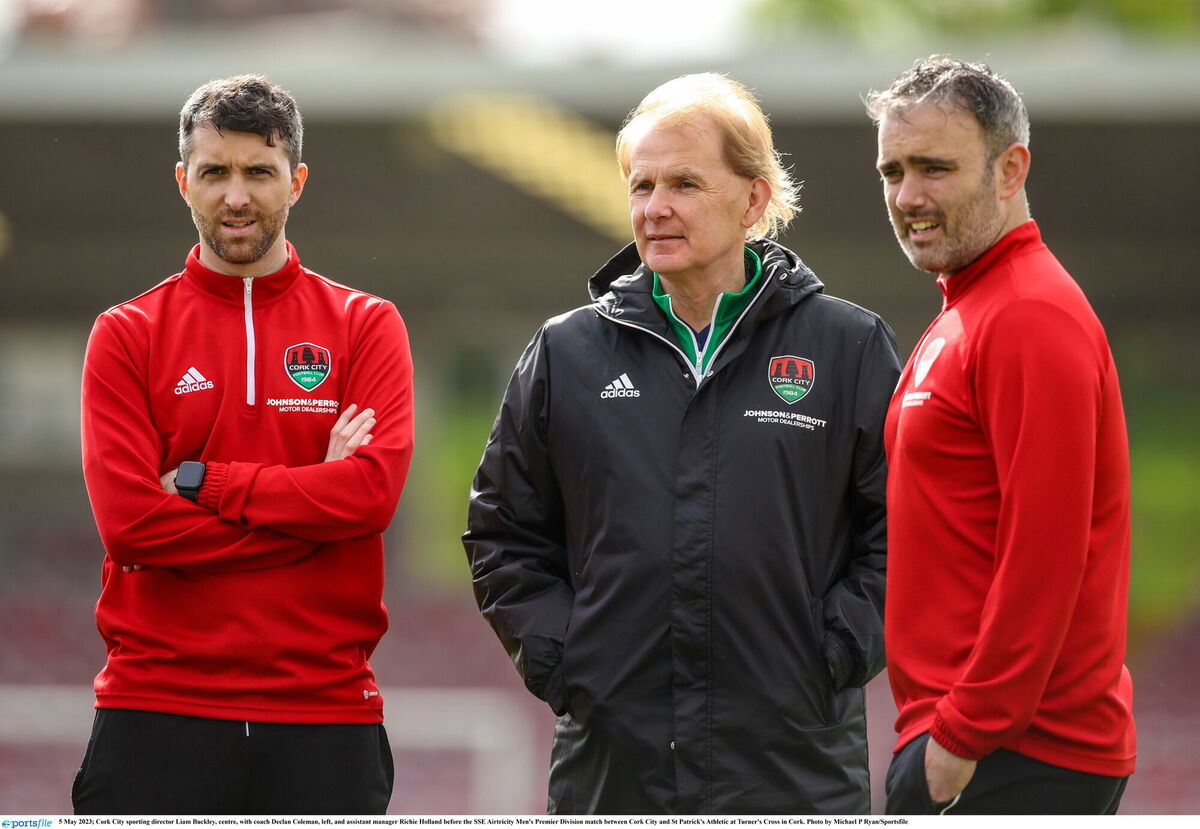 Cork City sporting director Liam Buckley, centre, with coach Declan Coleman, left, and assistant manager Richie Holland before the SSE Airtricity Men's Premier Division match between Cork City and St Patrick's Athletic at Turner's Cross in Cork. Photo by Michael P Ryan/Sportsfile