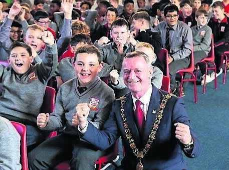 Lord Mayor of Cork Fergal Dennehy with pupils at his old primary school, Togher Boys’ National School.	Picture: Michael O’Sullivan/OSM
                    