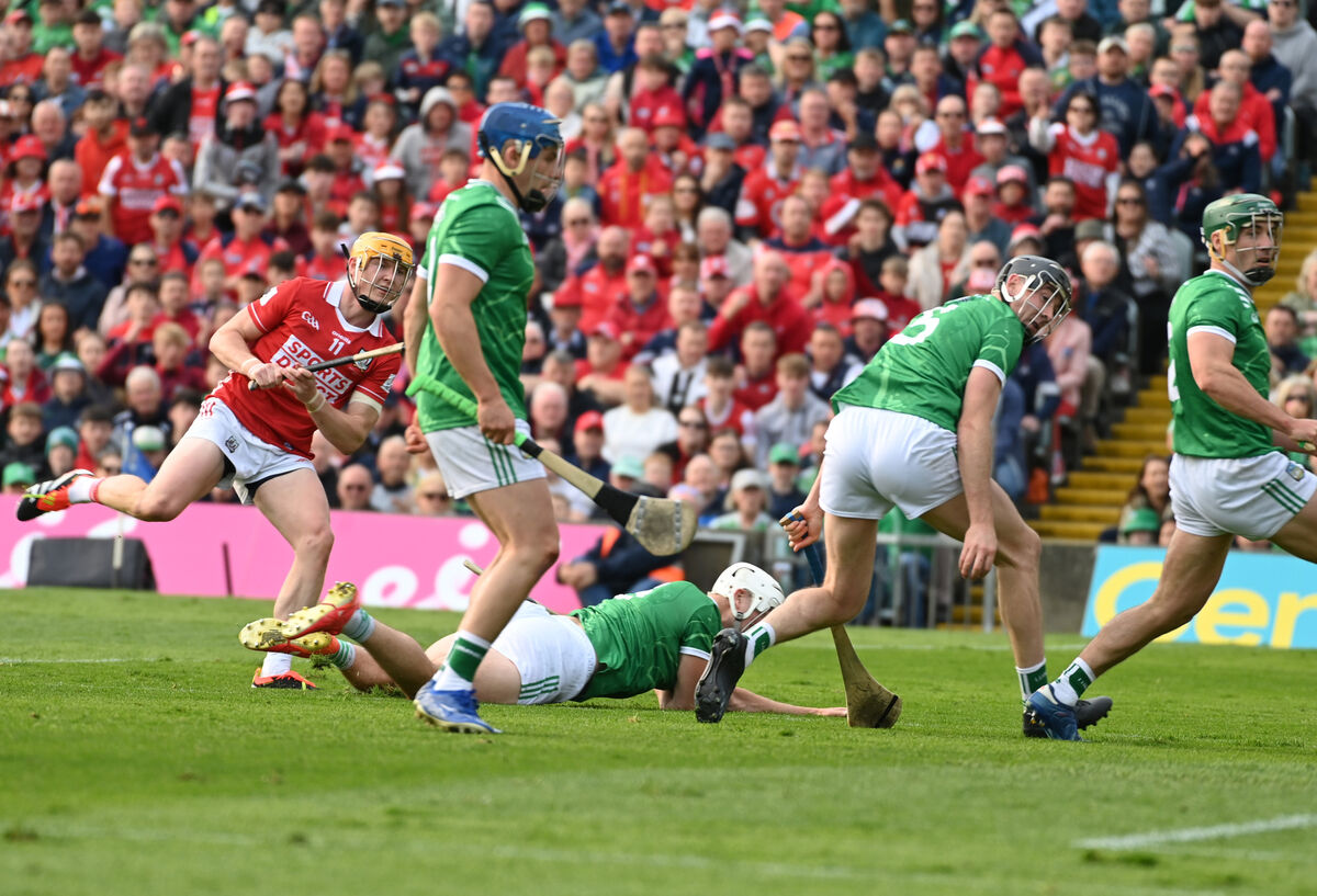Shane Barrett, seen here scoring Cork's goal in the Munster SHC final against Limerick, could win a second successive All-Star. Picture: Eddie O'Hare