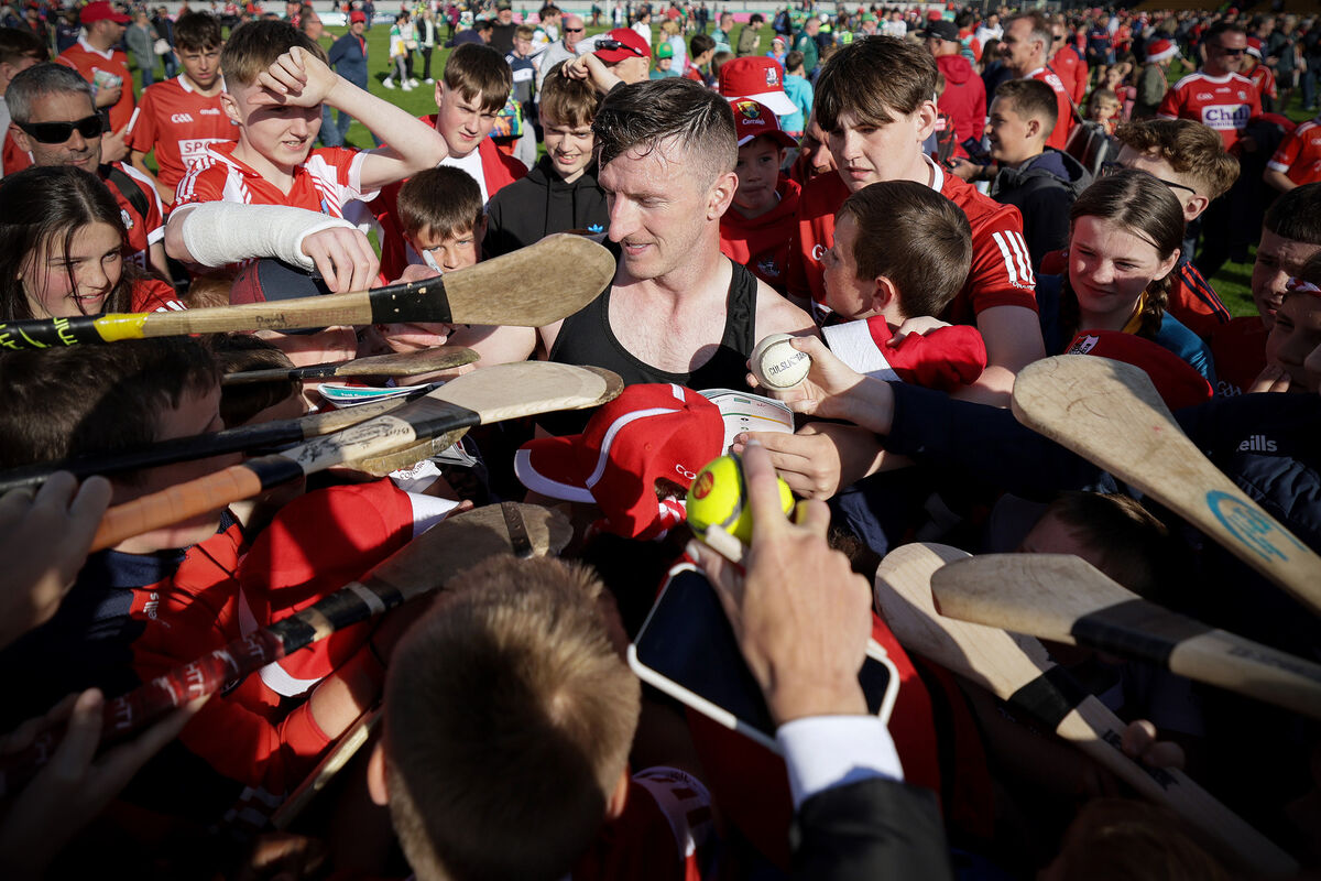 Patrick Horgan signs autographs after Cork’s win over Offaly in the 2024 All-Ireland SHC preliminary quarter-final at Glenisk O’Connor Park in Tullamore. Picture: Inpho/Laszlo Geczo