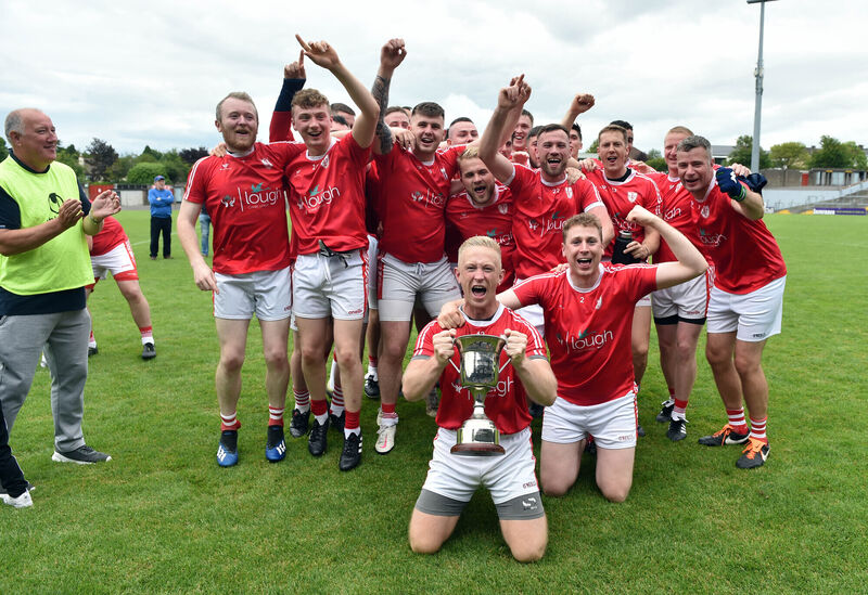 Lough Rovers captain Shane Long and players celebrate after defeating Freemount in the Cork JCFC final in the 2020 season. Picture: Eddie O'Hare