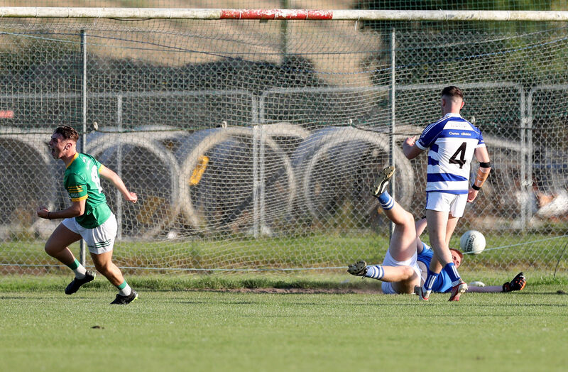 Millstreet's Alan O'Leary turns to celebrate his goal against Kinsale in 2023. Picture: Jim Coughlan
