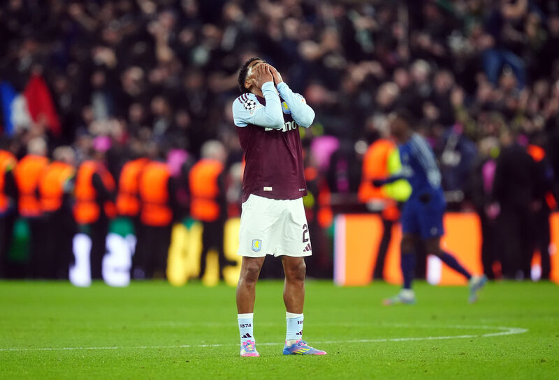 Aston Villa's Ian Maatsen reacts after the final whistle of the UEFA Champions League quarter final, second leg match against PSG  at Villa Park, Birmingham, last April 
