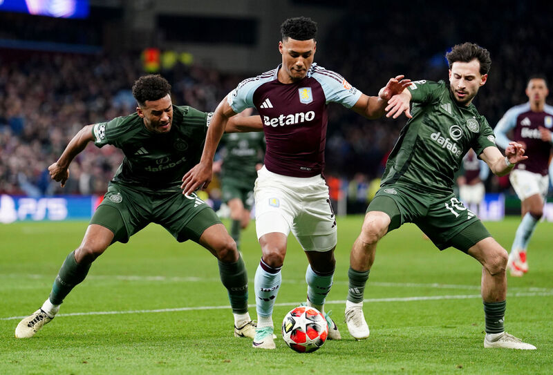 Aston Villa's Ollie Watkins (centre) and Celtic's Auston Trusty (left) and Nicolas Kuhn (right) battle for the ball during the UEFA Champions League, league stage match at Villa Park, Birmingham. Picture: David Davies/PA Wire