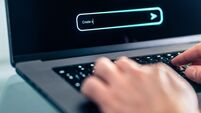 AI prompt chat bot. Search website to generate data, text or image. Man using computer with artificial intelligence app. Virtual