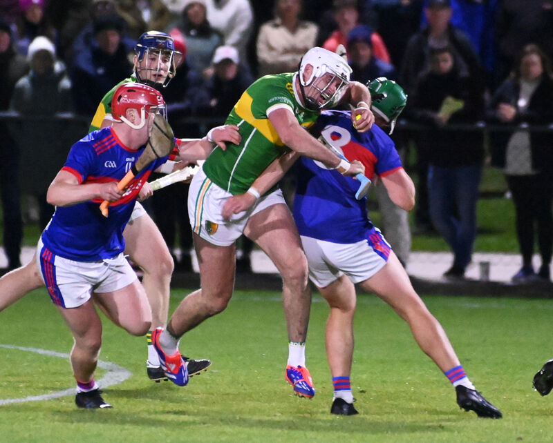 Tim O'Mahony trying to get past Barry Óg Murphy and Peter O'Shea. Picture: Eddie O'Hare