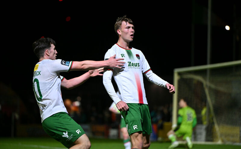 Alex Nolan of Cork City celebrates after scoring a goal with Josh Fitzpatrick. Picture: Ray Ryan