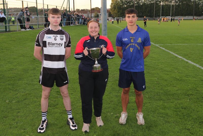 DJ Foley, Donoughmore, and Daniel Burke, St Finbarr's, with Amy Allen, PRO Rebel Óg, at the launch of the Premier 2 MFC final. Picture: Steven Lynch