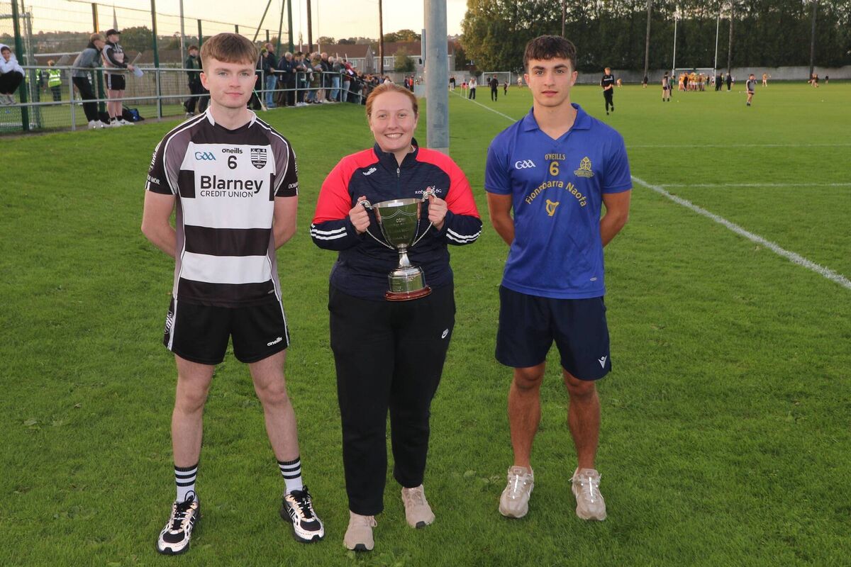 DJ Foley, Donoughmore, and Daniel Burke, St Finbarr's, with Amy Allen, PRO Rebel Óg, at the launch of the Premier 2 MFC final. Picture: Steven Lynch