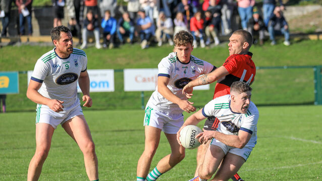 <p>Ilen Rovers' Jack Collins breaks out of defence during the McCarthy Insurance Group IAFC quarter-final against Mitchelstown at Newcestown. Picture: David Creedon</p>