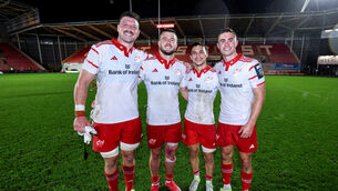 <p>Scarlets vs Munster: Munster's Fineen Wycherley, Alex Nankivell, Thaakir Abrahams and Jack Crowley celebrate after the game </p>