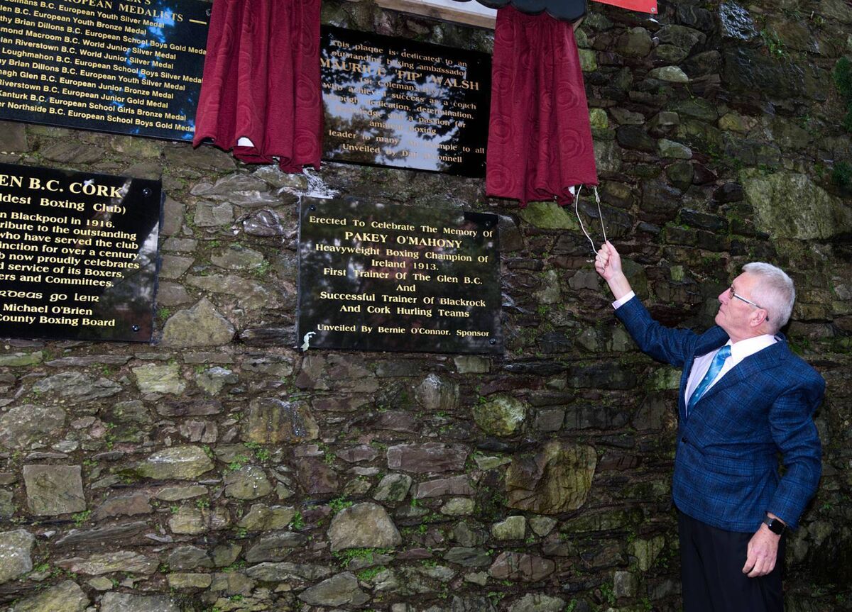 Cork boxing: International referee and long time St Colman's BC member Dan O'Connell unveiling the plaque in honour of his great friend Maurice Walsh in Bishop Lucey Park. 