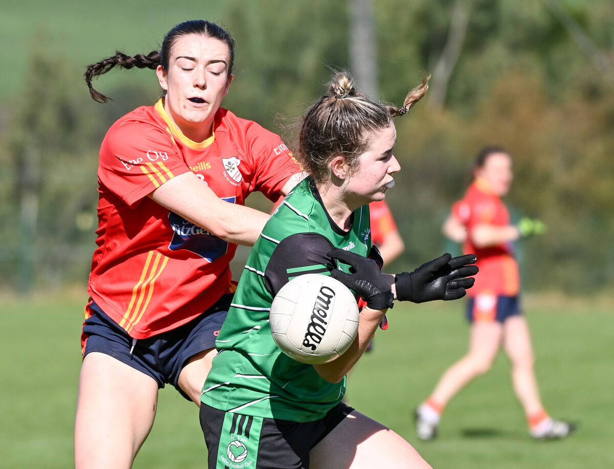  Laura Cleary of Éire Óg battles with Anna Keane of St Val's. Picture: David Keane.