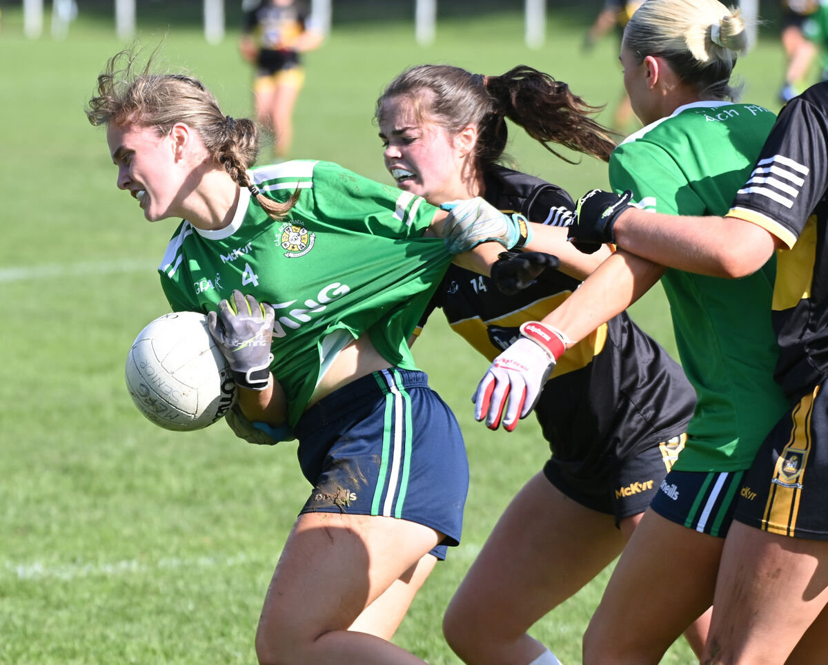 Aghada's Amelia Cooper is tackled by Mourneabbey's Deirdre Cronin. Picture: Eddie O'Hare