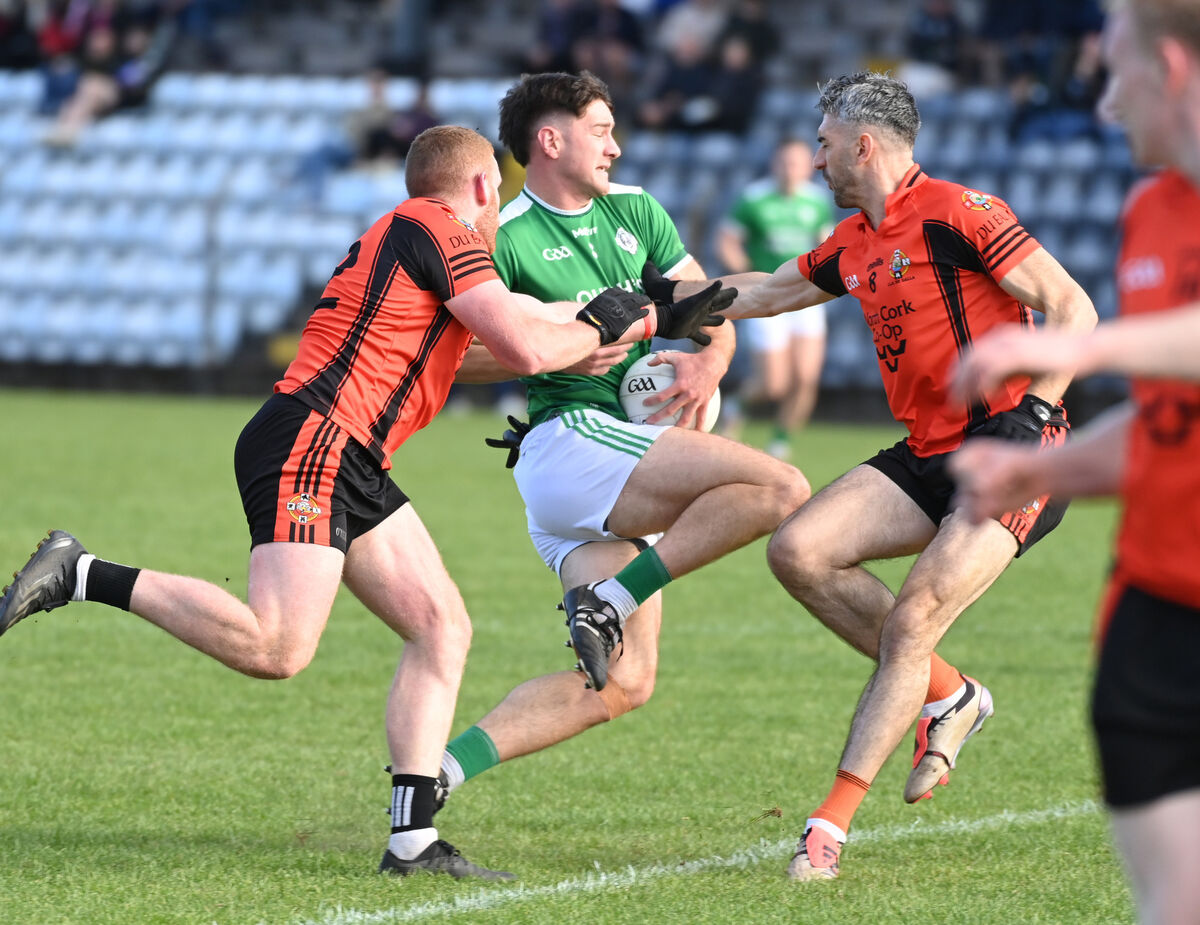 Ballincollig's Seán Dore is tackled by Duhallow's Conor O'Callaghan and Séamus Hickey. Picture: Eddie O'Hare Ballincollig's Seán Dore is tackled by Duhallow's Conor O'Callaghan and Séamus Hickey. Picture: Eddie O'Hare