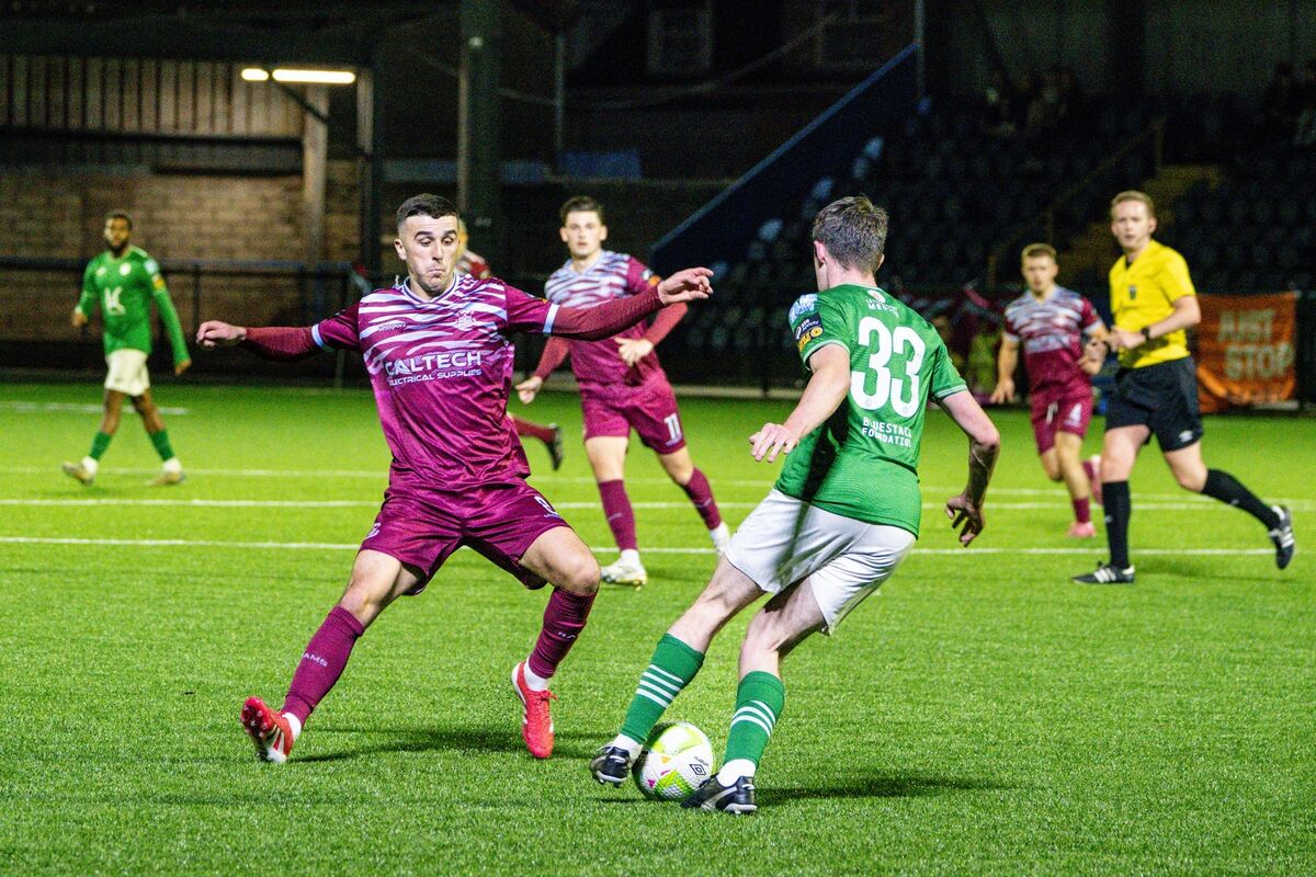 Cobh Ramblers’ Barry Coffey in action against Finn Harps' Daniel Cunningham. Picture: Chani Anderson