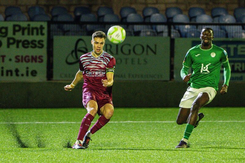 Cobh Ramblers defender Niall O’Keefe clears the ball against Finn Harps. Picture: Chani Anderson
