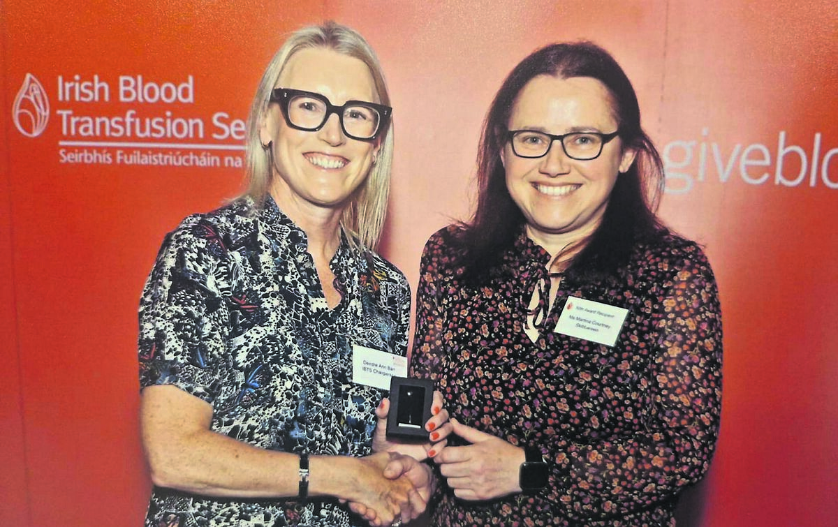 BLOOOD DONOR: Martina Courtney (right), from Skibbereen, receiving an award for her many blood donations