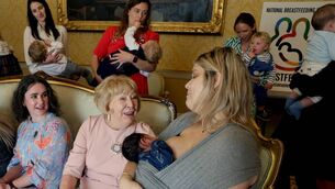 <p class="contextmenu internal_Caption">Sabina Higgins hosting a ‘Latching On’ morning for National Breastfeeding Week in 2022 at the Áras. She and her husband have been very supportive of the cause, says Kathriona Devereux</p>