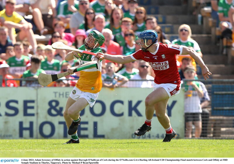 Adam Screeney of Offaly in action against Darragh O'Sullivan of Cork during the All-Ireland U20 hurling final in 2023. Picture: Michael P Ryan/Sportsfile