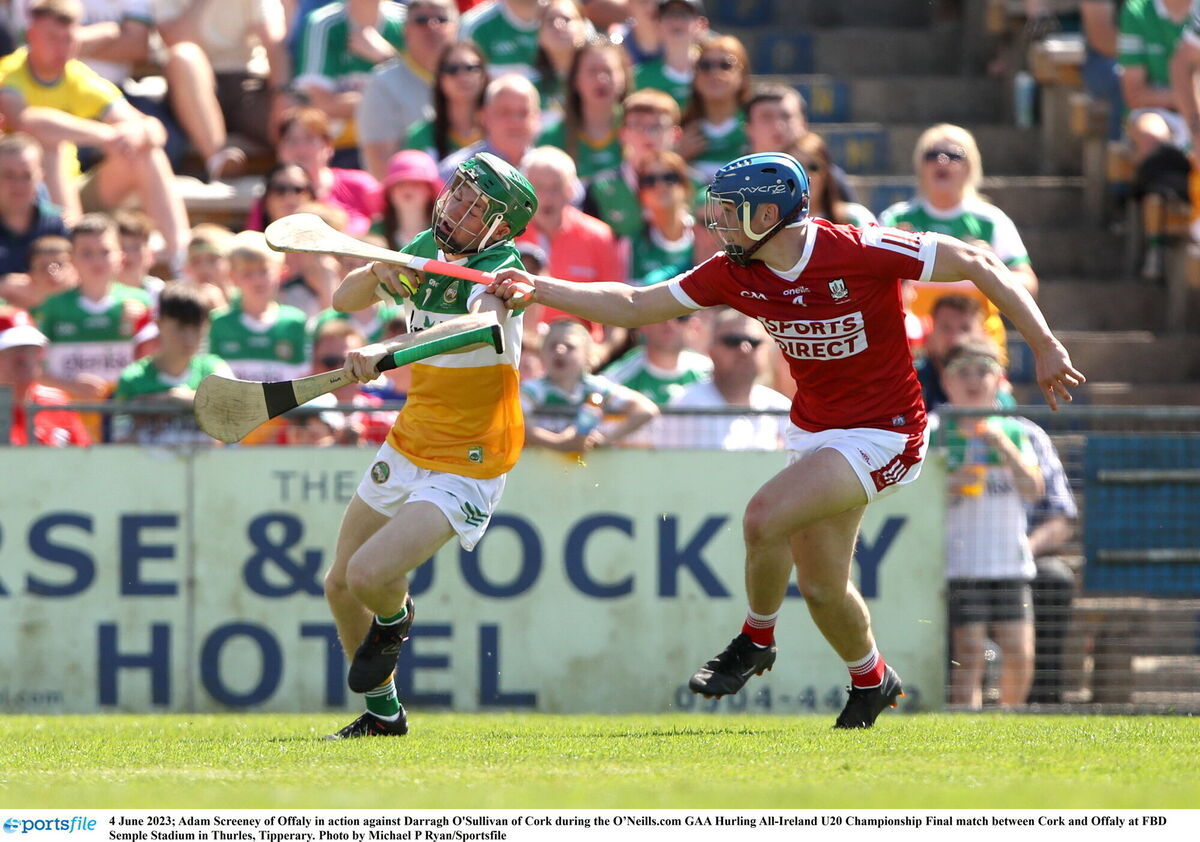 Adam Screeney of Offaly in action against Darragh O'Sullivan of Cork during the All-Ireland U20 hurling final in 2023. Picture: Michael P Ryan/Sportsfile
