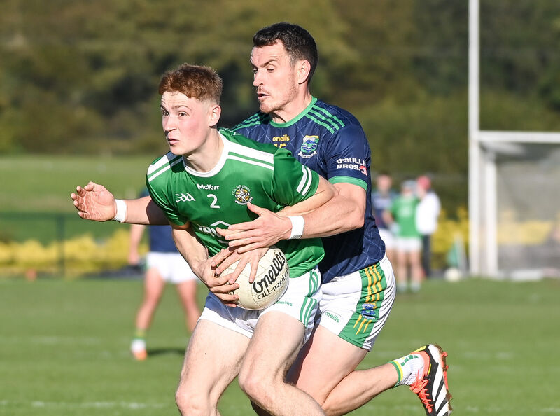  Aghada's Ronan Murphy is tackled by Glanmire's Daniel Molden during their Premier IFC quarter-final clash at Lisgoold. Picture: David Keane.