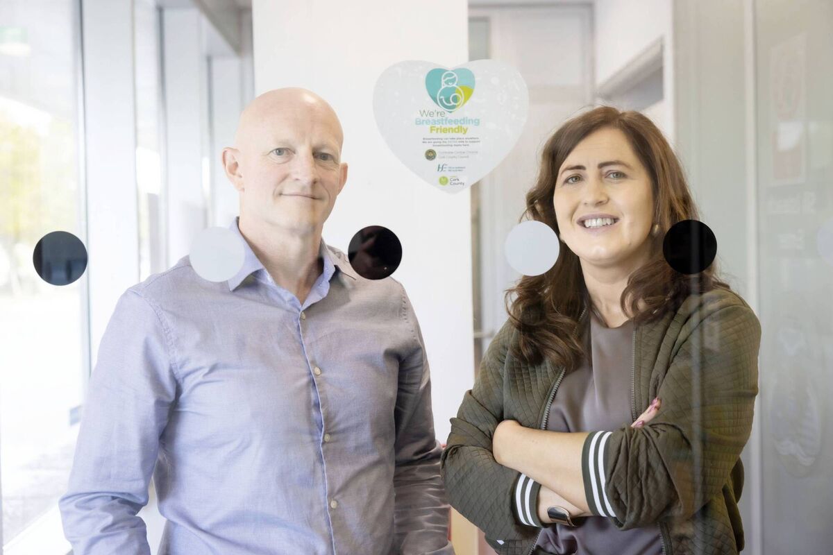 Niall O'Callaghan, Healthy Ireland Coordinator and Rosaleen O'Brien, Clerical Officer at Cork County Council at the launch of We're Breastfeeding Friendly 