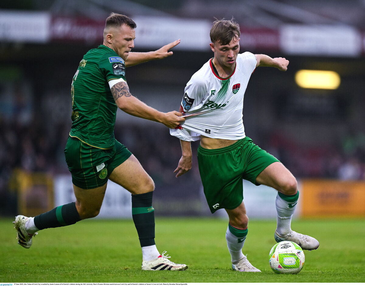 Alex Nolan of Cork City is tackled by Jamie Lennon of St Patrick's Athletic in June. Picture: Brendan Moran/Sportsfile