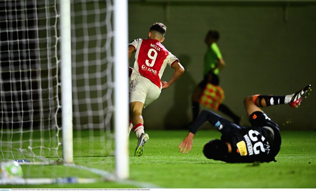 Mason Melia of St Patrick's Athletic celebrates after scoring his side's third goal in their 4-0 hammering of Cork City last week. Picture: Shauna Clinton/Sportsfile