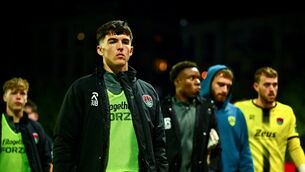 <p>Matthew Kiernan of Cork City with teammates dejected after their side's defeat at the SSE Airtricity Men's Premier Division match between St Patrick's Athletic and Cork City at Richmond Park in Dublin. Picture: Shauna Clinton/Sportsfile</p>