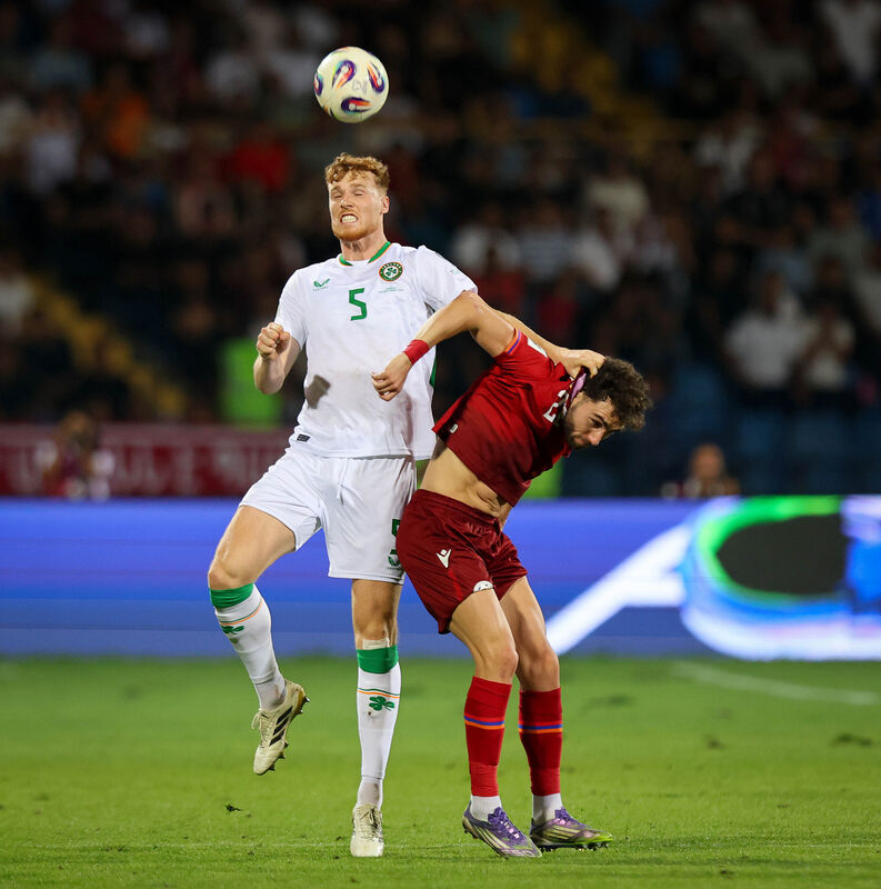 Ireland's Jake O'Brien and Armenia's Nayair Tiknizyan battle in the air. Picture: INPHO/Ryan Byrne