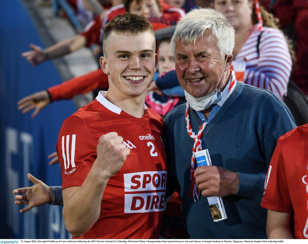 Cork's Darragh O'Sullivan celebrates with his grandfather, John O'Sullivan Sr, after the All-Ireland MHC final in 2021. Picture: Stephen McCarthy/Sportsfile