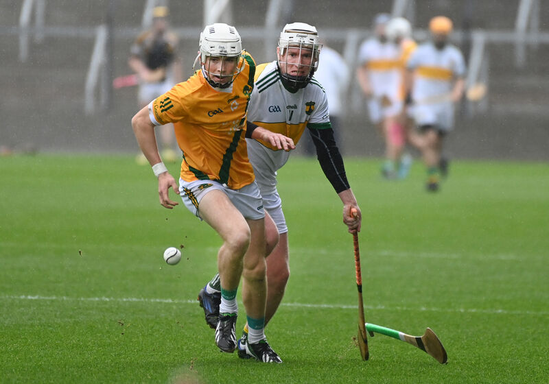 Jack Leahy of Dungourney (left) tries to get away from Cloughduv's Jason Mannix during the 2022 Co-op SuperStores IAHC final - the east Cork side are the only team to win that grade without receiving a bye to the semi-finals. Picture: Eddie O'Hare