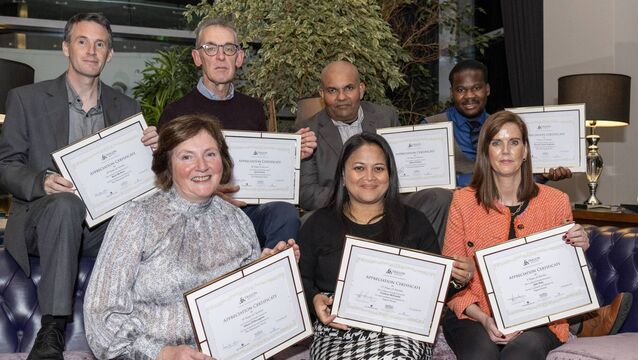<p>Brian McAdoo, Javier Garcia. Miheria De Silvia Tuppahi, Mauriece Teteh Attikossie, Aileen O’Donoghue, Cattleya McCarthy, and Julie Daly at the presentation of service awards to Trigon Hotels staff members. Picture: Brian Lougheed</p>