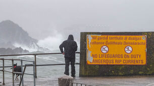 <p>Storm Amy has made landfall in Ireland today, with gale force winds expected from 2pm onwards. The high winds caused huge waves to smash against the rocks in Rosscarbery this morning. Picture: Andy Gibson.</p>
