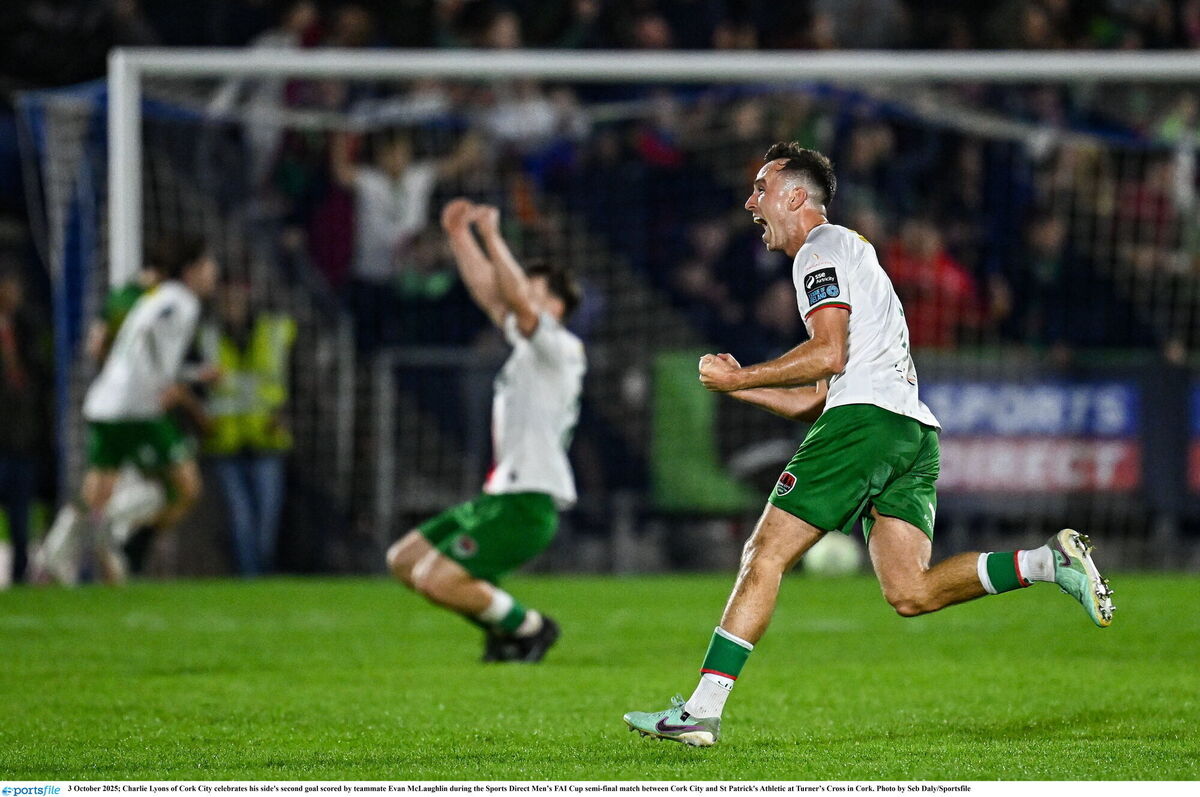 Charlie Lyons of Cork City celebrates his side's second goal scored by teammate Evan McLaughlin. Photo by Seb Daly/Sportsfile Charlie Lyons of Cork City celebrates his side's second goal scored by teammate Evan McLaughlin. Photo by Seb Daly/Sportsfile