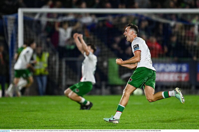 Charlie Lyons of Cork City celebrates his side's second goal scored by teammate Evan McLaughlin. Photo by Seb Daly/Sportsfile