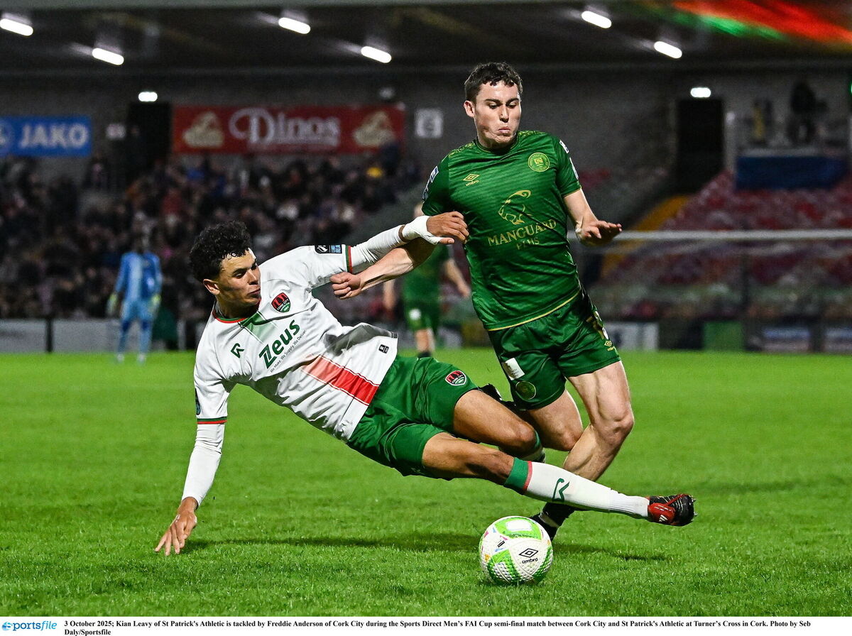 Kian Leavy of St Patrick's Athletic is tackled by Freddie Anderson of Cork City during the Sports Direct Men’s FAI Cup semi-final match between Cork City and St Patrick's Athletic at Turner’s Cross in Cork. Picture: Seb Daly/Sportsfile Kian Leavy of St Patrick's Athletic is tackled by Freddie Anderson of Cork City during the Sports Direct Men’s FAI Cup semi-final match between Cork City and St Patrick's Athletic at Turner’s Cross in Cork. Picture: Seb Daly/Sportsfile