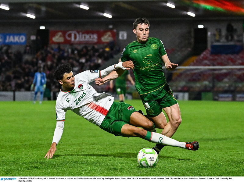 Kian Leavy of St Patrick's Athletic is tackled by Freddie Anderson of Cork City during the Sports Direct Men’s FAI Cup semi-final match between Cork City and St Patrick's Athletic at Turner’s Cross in Cork. Picture: Seb Daly/Sportsfile