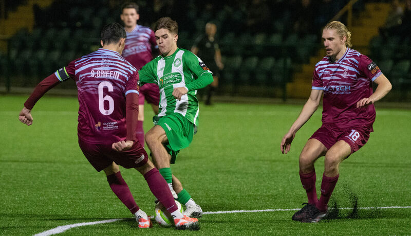 Cobh Ramblers' Shane Griffin clashes with Bray Wanderers' Billy O'Neill. Picture: Howard Crowdy