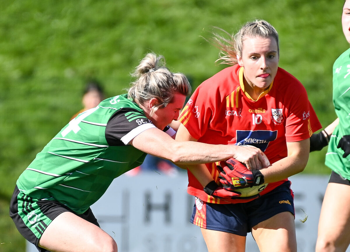 Éire Óg's Emma Cleary in action against Briege Corkery of St Vals in the semi-final. Cleary has been in outstanding form for her club as they hope to end their losing run in finals. Picture: David Keane