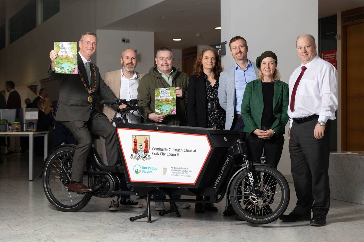 The Lord Mayor of Cork, councillor Fergal Dennehy; chair of Cork City Council’s climate action committee councillor Oliver Moran; councillor Kenneth Collins; community climate action officer Orla Burke; Cork Docklands programme manager Bryan Fitzgerald; Marilyn Lennon of the Kinship Project; and David Joyce, director of services, emergency management, and climate action, at the launch of the community climate action fund in Cork city.	Picture: Darragh Kane
                    