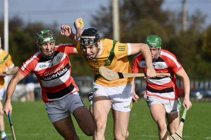  Cillian O’Callaghan, Dungourney, takes on Ballincollig defender Brian Dore. Picture: Larry Cummins