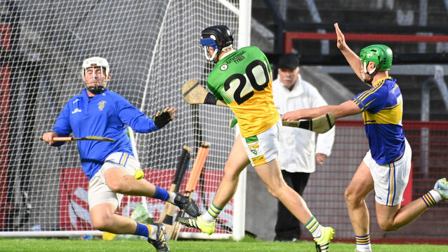 <p>Bride Rovers' Ronan O'Connell hammers home his goal past Carrigtwohill goalkeeper Shane Devlin in the Co-Op Superstores Cork SAHC semi-final at SuperValu Páirc Uí Chaoimh. Picture; Eddie O'Hare</p>