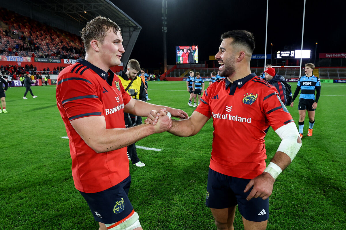 Munster's Gavin Coombes celebrates with Dan Kelly after the game 