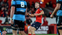 Jack Crowley takes a drop kick at goal 4/10/2025