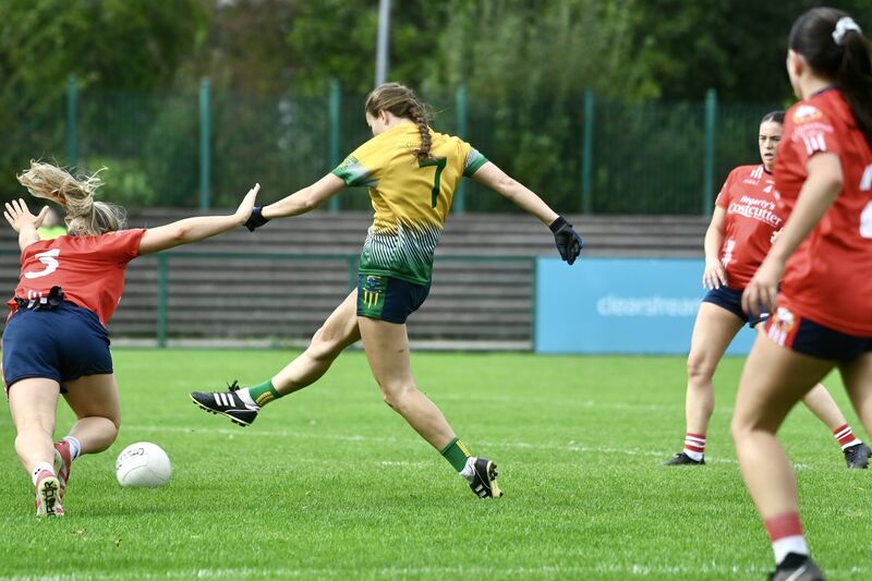  Ava Fitzgerald blasts in a goal for Glanmire against O’Donovan Rossa. Picture: Larry Cummins