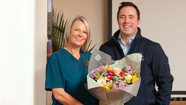 <p>Deborah McCarthy receiving a bouquet from the managing director of Right at Home, Cian O’Sullivan, after she was announced as the Cork finalist in Right at Home's Carer of the Year Awards 2025. Picture: Diane Cusack</p>