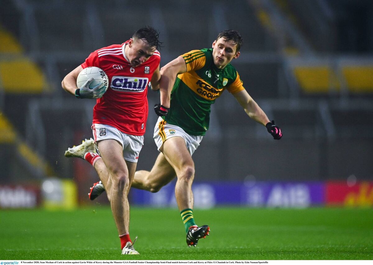Seán Meehan of Cork in action against Gavin White of Kerry in 2020. Picture: Eóin Noonan/Sportsfile